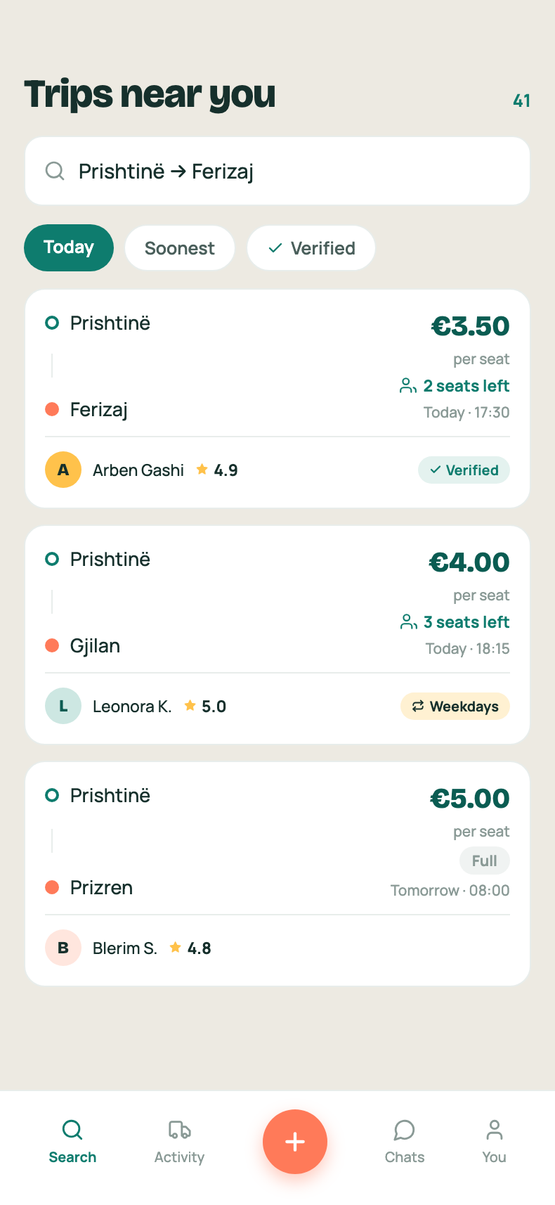 Kwiker app listing trips near you: seats from Prishtine to Ferizaj, Gjilan and Prizren with the price per seat and the driver rating