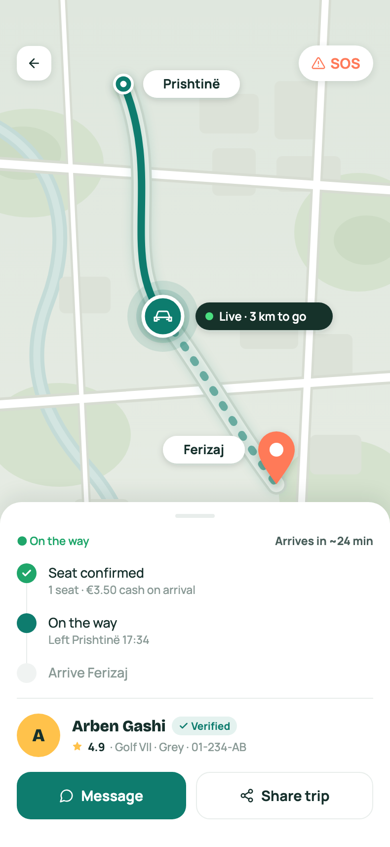 Kwiker app tracking a trip from Prishtine to Ferizaj: the route on the map, the driver on the way, and arrival in about 24 minutes